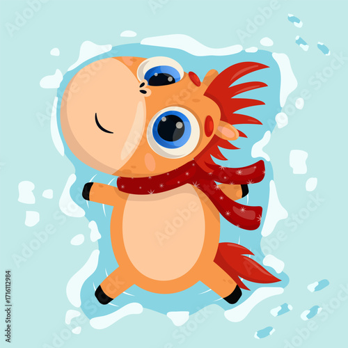 Vector illustration of a cheerful horse playing in the snow. New Year, Christmas, holiday, 2026, Horse, Chinese New Year, Horoscope, games, entertainment, rest, day off, snow, fun, vacation