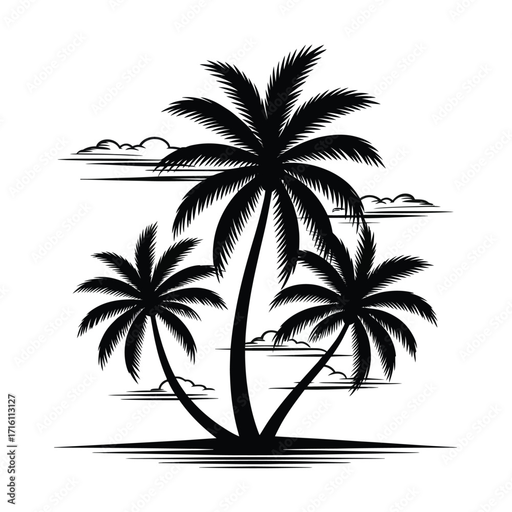 Fototapeta premium Striking vector silhouette illustration of tropical palm trees and clouds for eps export silhouette vector illustration white background