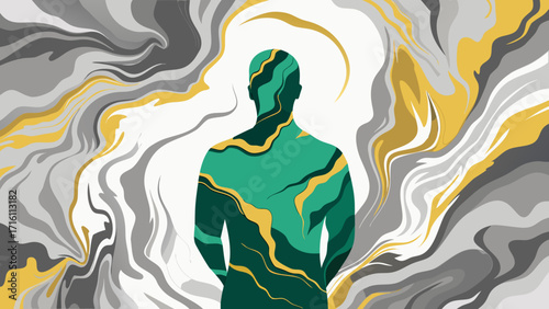 Vector art of abstract vector illustration of a man silhouette with swirling patterns, symbolizing mental health, emotions, and inner thoughts in a modern design