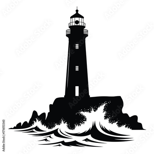 Elegant vector silhouette illustration of a lighthouse on rocky outcropping amidst waves silhouette vector illustration white background