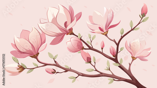 Vector art of elegant magnolia branch with pink flowers and buds, a watercolor illustration on a light pink background, a delicate floral design element