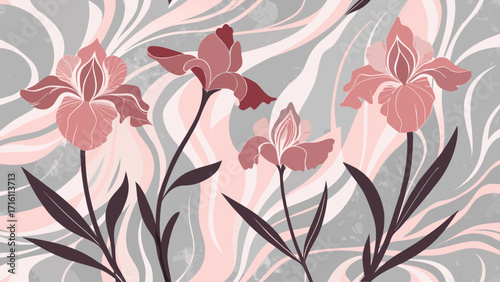 Vector art of abstract floral background with stylized iris flowers and flowing lines, creating a modern and artistic botanical pattern in muted colors