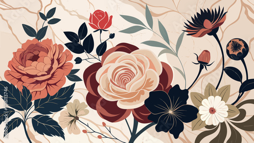 Vector art of vintage floral arrangement featuring roses and chrysanthemums in a rich color palette, perfect for adding a touch of classic beauty to any project