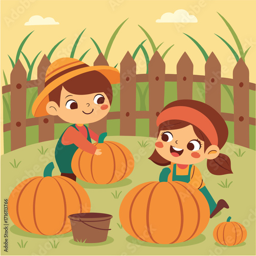 Two Children in Overalls Harvesting Pumpkins in a Field kids girl
