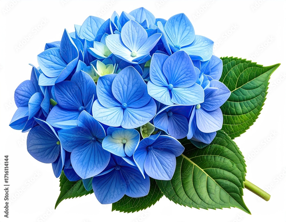 Fototapeta premium Vibrant blue hydrangea blossom cluster with lush green leaves, isolated on white background