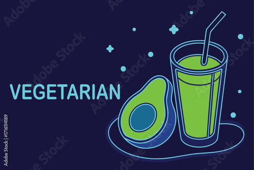 Vegetarian text with avocado and green juice in a glass on dark background vegan healthy
