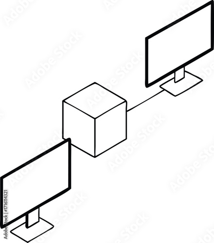Network connection diagram connecting two monitors to a central hub vector