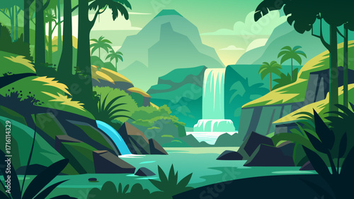 Vector art of lush jungle landscape with a cascading waterfall flowing into a serene river, surrounded by vibrant greenery and towering mountains in the distance