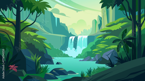 Vector art of tranquil jungle scene featuring a majestic waterfall cascading into a clear pool, framed by lush trees and rocky outcrops in a vibrant, natural setting