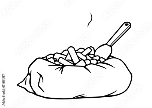 Bag of pellets with a scoop on top in a monochrome style  