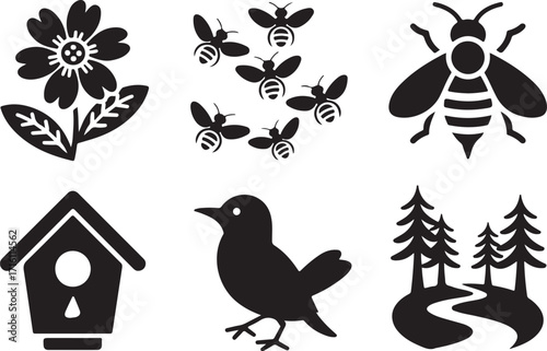Nature icons flower bee bird house trees path forest