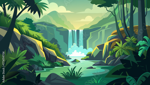 Vector art of lush jungle landscape featuring a cascading waterfall, vibrant greenery, and towering mountains, creating a captivating scene of natural wonder and scenic beauty