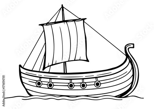 Viking ship illustration with sail on calm water background  
