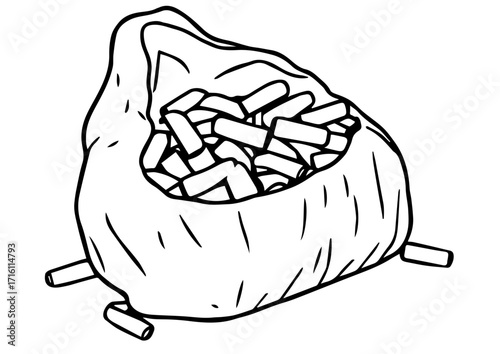 Bag filled with wooden sticks in a simple illustration style  