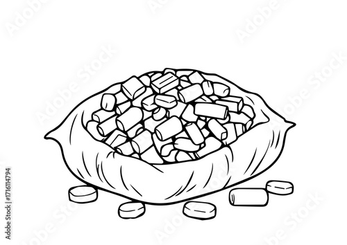 Bag of sugar cubes with scattered pieces on white background  