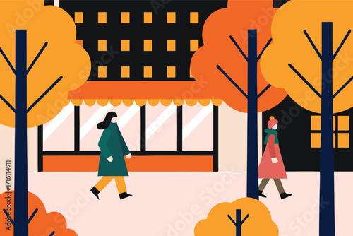 Two women walking on a city street in autumn. Urban scene with fall season trees and buildings. Travel and outdoor activity concept.