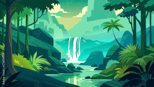 Vector art of lush green jungle landscape with a waterfall cascading down rocks, surrounded by trees and plants in a serene and peaceful environment