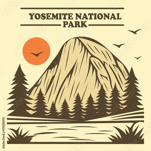Yosemite National Park vintage illustration with Half Dome mountain sun and trees california nature