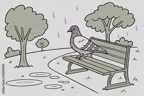 Pigeon standing on a wooden park bench in the rain. Sad autumn weather cartoon drawing for children's book illustration.