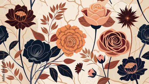 Vector art of elegant floral pattern with roses, peonies, and chrysanthemums in a vintage style, featuring a harmonious blend of warm and cool tones on a light background