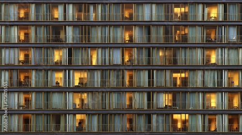 Modern apartment facade with clean lines, bathed in natural light, set in a minimalist urban environment. Simplicity and elegance in contemporary a