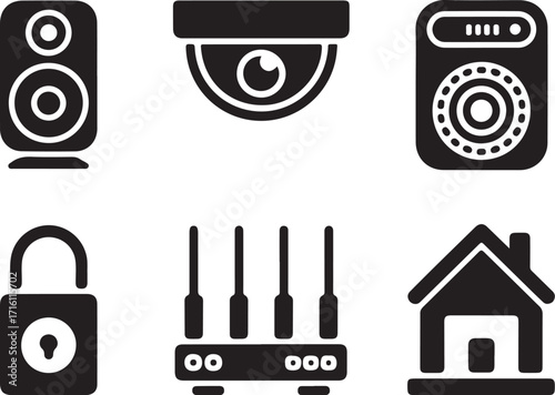 Smart home security icons: camera, speaker, lock, router, house