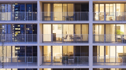 Modern apartment facade with clean lines, bathed in natural light, set in a minimalist urban environment. Simplicity and elegance in contemporary a