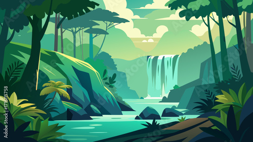 Vector art of a serene jungle landscape with a waterfall cascading into a clear river, surrounded by lush greenery and towering trees in a tranquil setting