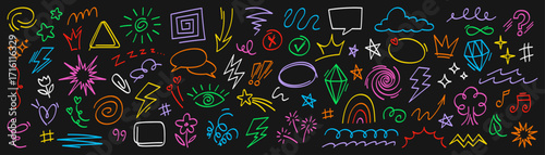 A doodle set. A collection of hand-drawn vector neon sketches featuring arrows, stars, crowns, hearts, clouds, spirals, speech bubbles, and geometric shapes. Abstract background