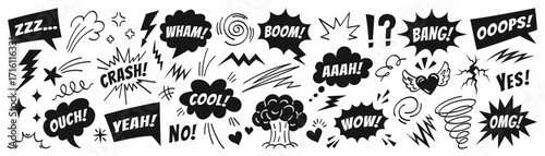 Comics doodle set. Hand drawn black and white pop art sound effects with text boom, crash, wham, wow, omg, yeah, ouch, cool, bang, zzz, comic explosion and doodle elements