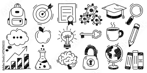 Black and white education doodle icons set. Hand drawn vector sketch of school supplies, study tools, science and learning elements isolated on white background