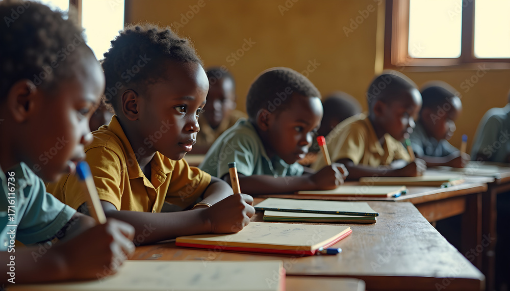 Obraz premium African classroom, rural education, children learning, teacher and students, school in Africa