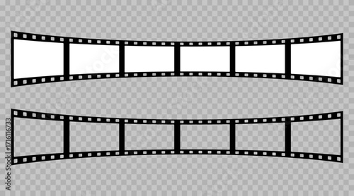 Film strip icon set with retro cinema frames. Video tape and photo reel elements in simple vector style. Movie border templates for media, photography, video editing and vintage film design.