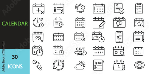 Calendar icon set. Containing date, schedule, month, week, appointment, agenda. icon set. Editable stroke. Vector illustration transparent
