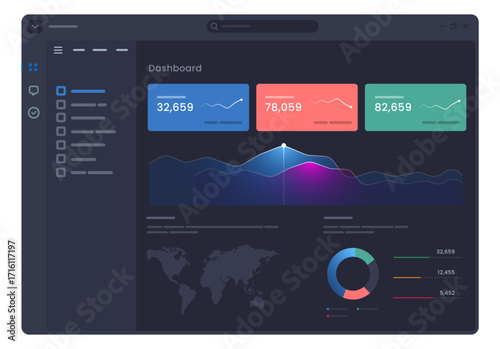 dark themed digital dashboard for data analytics and business intelligence charts graphs world map providing modern interface for monitoring performance metrics and business reports