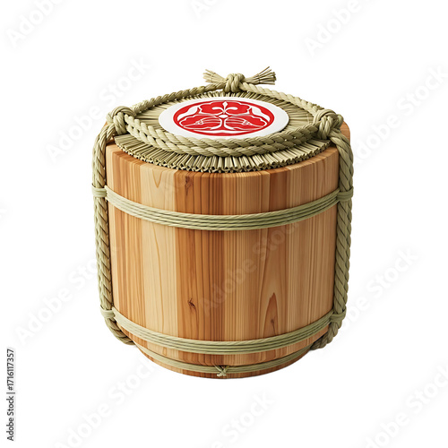 Traditional Japanese Wooden Sake Barrel with Straw Rope and Decorative Emblem on Black Background