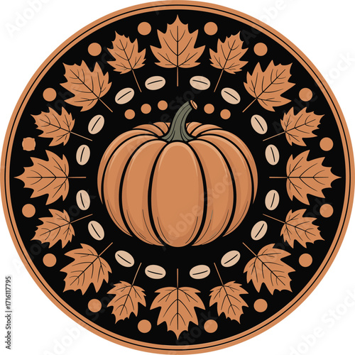 Autumnal Pumpkin Surrounded by Maple Leaves and Coffee Beans Design