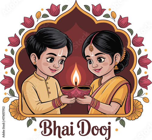 Bhai Dooj Festival Illustration Brother Sister Holding Diya Light Tradition