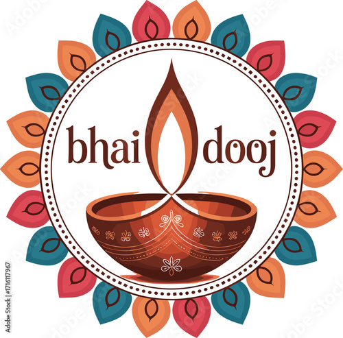 Bhai Dooj Festival Illustration with Diya and Decorative Floral Frame
