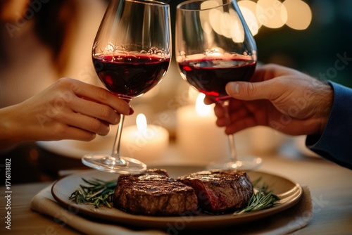 A couple's hands holding glasses of red wine and a plate with two grilled steaks garnished with rosemary