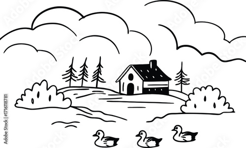 Cartoon village with a little cottage and summer landscape, vector illustration.