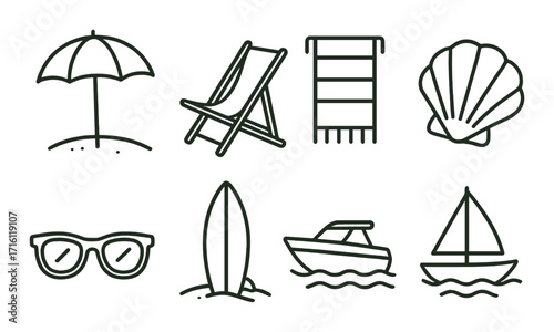 Summer beach icons: umbrella, sunglasses, surfboard, sailboat, more