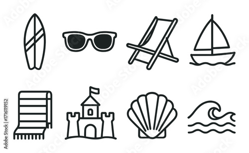 Beach icons: surfboard, sunglasses, deck chair, sailboat, towel, sandcastle, shell, wave