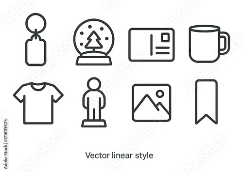 Minimalistic icon set featuring everyday objects and symbols in linear style