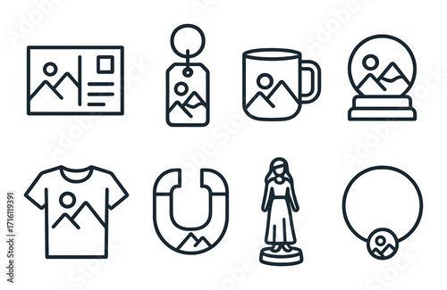 Monochrome icons of souvenir items on textured background