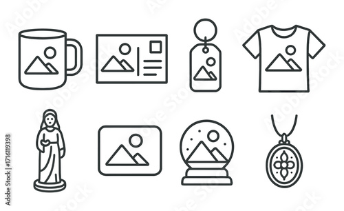 Outline icons of souvenir merchandise including mug, postcard, keychain, t-shirt, figurine, magnet, snow globe, pendant