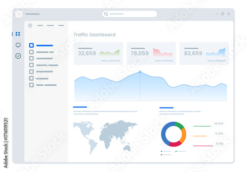 clean light themed digital dashboard data analytics business intelligence with charts graphs and world map display performance metrics business reports traffic statistics in modern interface