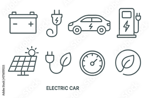 Electric car icons: battery, charger, solar panel, eco symbols