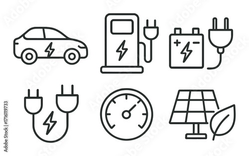 Electric vehicle and sustainable energy icons: car, charging, battery, plug, gauge, solar panel, leaf design