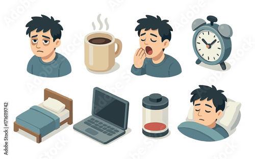 Tired male cartoon character with coffee, yawning, and bedtime routine icons